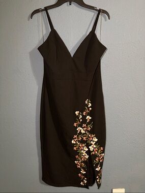 Fashion Nova Black Midi Dress with Floral Embroidery